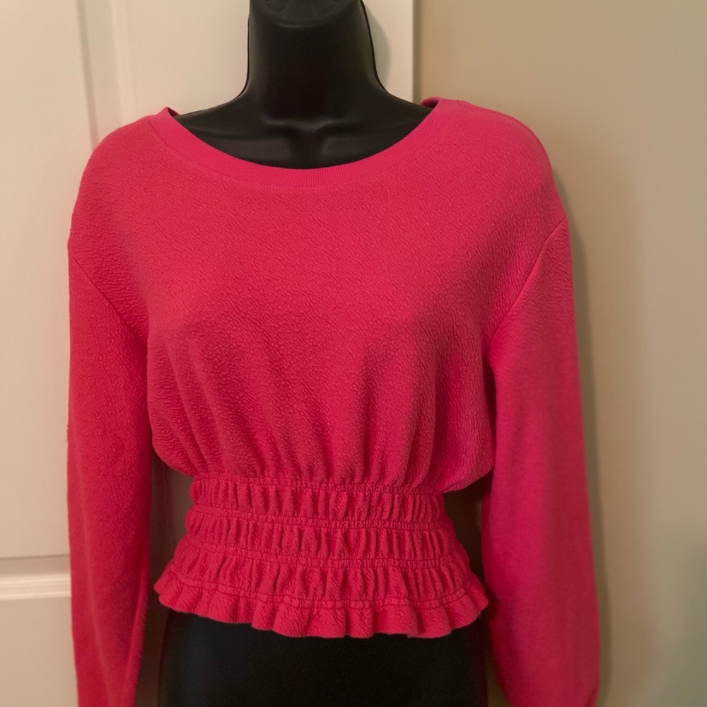 Anthropologie Hot Pink Textured Long Sleeve Blouse